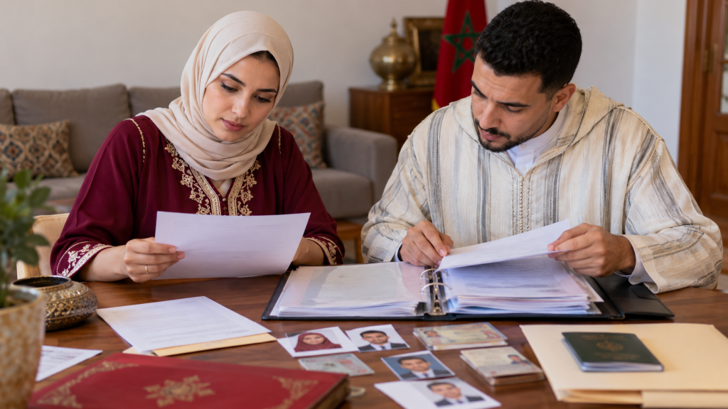 خطيبان مغربيان يراجعان وثائق ملف الزواج قبل الإيداع