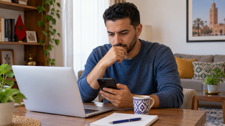 شخص مغربي يتابع حالة طلب إداري إلكتروني عبر الهاتف