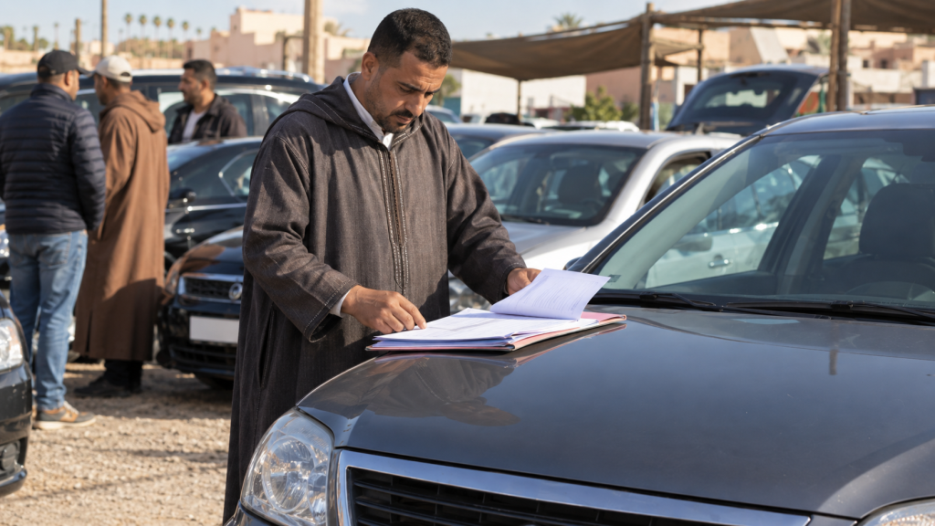 بائع مغربي يراجع وثائق بيع سيارة مستعملة قبل إتمام العملية