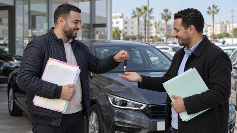 بائع يسلم مفتاح سيارة للمشتري مع ملف الوثائق