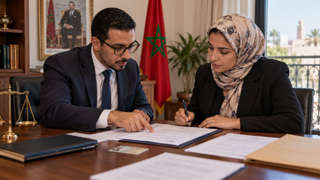 شخصان مغربيان يراجعان وثيقة وكالة لإجراء إداري
