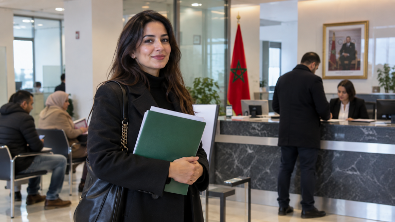 مواطن مغربي يحمل ملف وثائق داخل مركز خدمات قنصلية